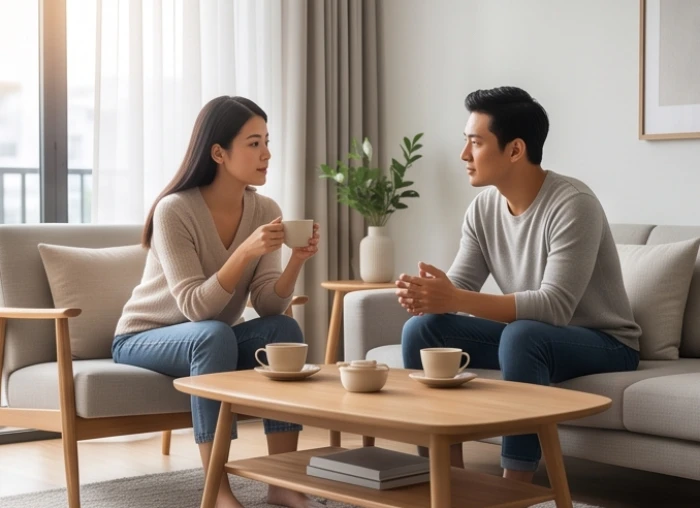 Cặp đôi ngồi thảo luận một cách bình tĩnh bên tách trà để tháo gỡ những hiểu lầm trong đời sống hôn nhân