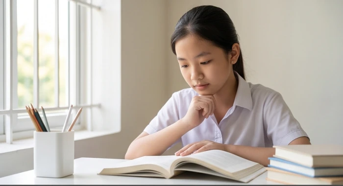 Nữ sinh tập trung ôn bài bên bàn học gọn gàng đón năng lượng cát khí giúp kết quả học tập tốt