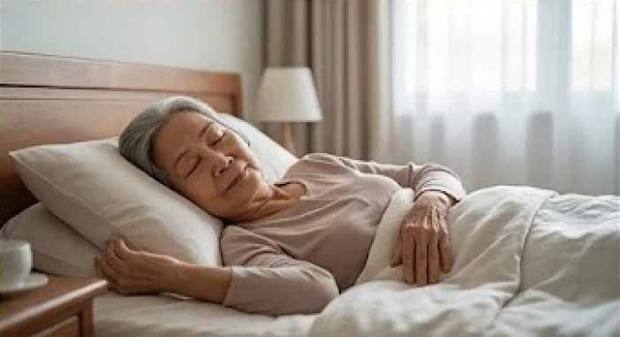 Người phụ nữ lớn tuổi nằm nhắm mắt thư giãn và nghe nhạc tịnh tâm trong phòng ngủ yên tĩnh
