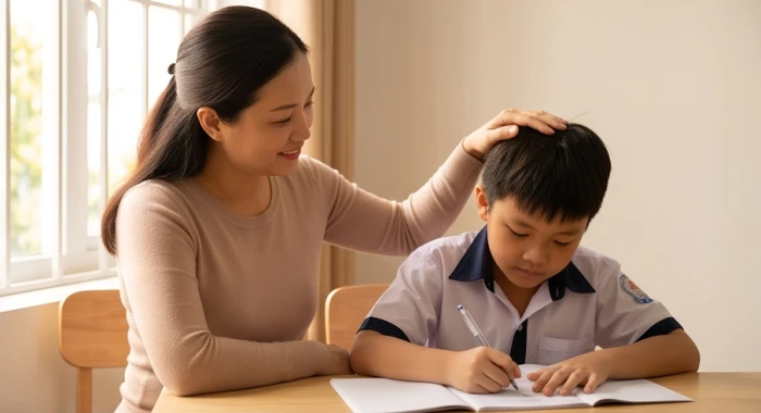 Người mẹ nhẹ nhàng xoa đầu và mỉm cười động viên khi con trai đang làm bài tập