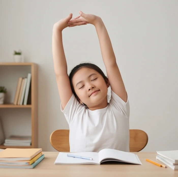 Học sinh vươn vai thư giãn gân cốt và nhắm mắt nghỉ ngơi nhẹ nhàng sau thời gian dài tập trung làm bài tập
