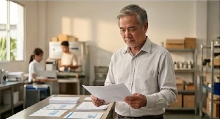 Người quản lý đang cẩn thận kiểm tra và giám sát tiến độ công việc tại một không gian làm việc chuyên nghiệp