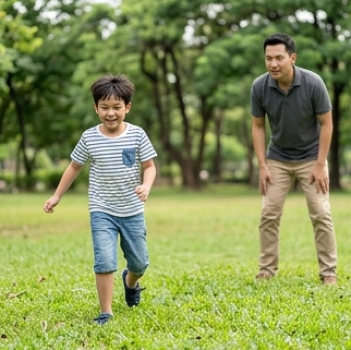 Phụ huynh đang đứng quan sát con trai vui chơi tại một công viên có nhiều cây xanh trong ngày mát mẻ