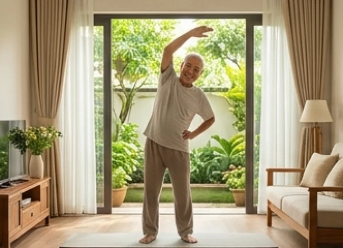 Bài tập giãn cơ buổi sáng tại không gian thanh tĩnh giúp người lớn tuổi cải thiện cột sống và độ dẻo dai khớp gối