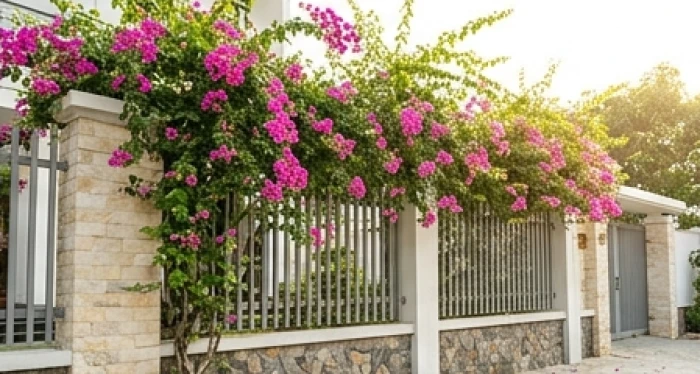 Giàn hoa giấy rực rỡ bám dọc hàng rào đón ánh nắng buổi sáng bên hiên sân vườn thoáng đãng