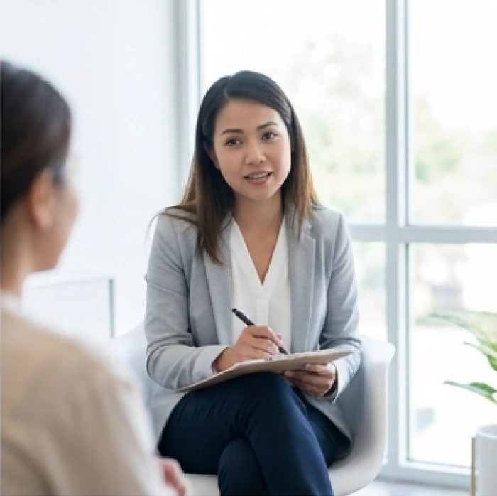 Nữ chuyên gia tư vấn tâm lý đang lắng nghe và ghi chép cẩn thận trong phòng làm việc trang nhã