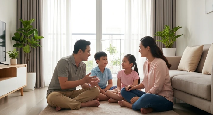 Cha mẹ ngồi lắng nghe và trò chuyện nhẹ nhàng cùng hai bé trai và bé gái tuổi Mậu Tuất trong phòng sinh hoạt chung