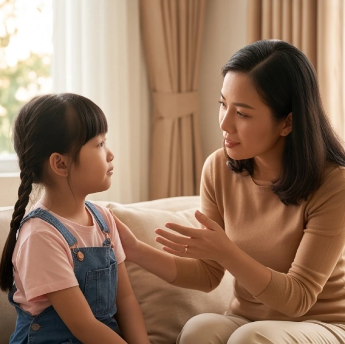 Mẹ nhẹ nhàng trò chuyện và lắng nghe con cái chia sẻ trong bầu không khí gia đình ấm áp