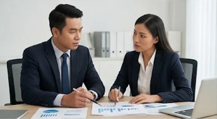 Hai đồng nghiệp nam nữ đang ngồi đối diện nhau tại bàn họp và thảo luận nghiêm túc với các bản báo cáo trên tay