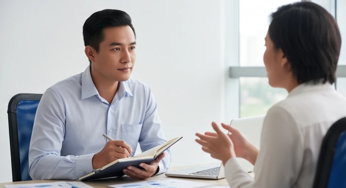 Cuộc trao đổi công việc tinh tế và tích cực giữa quản lý và nhân viên nam giới tuổi Hợi tại văn phòng