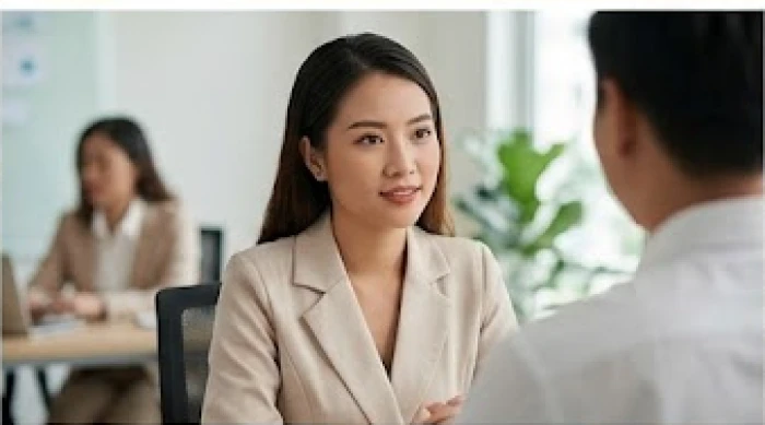 Nữ nhân viên văn phòng giữ vẻ mặt điềm đạm khi trao đổi công việc cùng đồng nghiệp