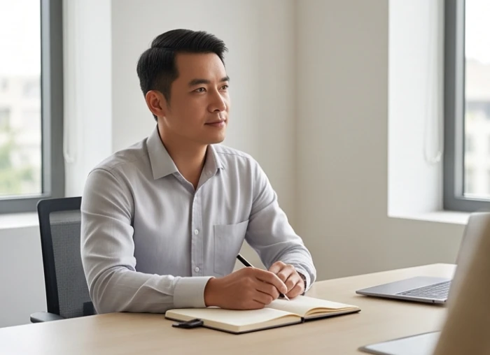 Người nam giới giữ phong thái bình tĩnh và lắng nghe thấu đáo trong cuộc họp văn phòng
