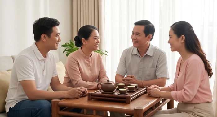 Cha mẹ tuổi canh tuất vui vẻ trò chuyện cùng con cái trưởng thành trong không gian phòng khách ấm áp