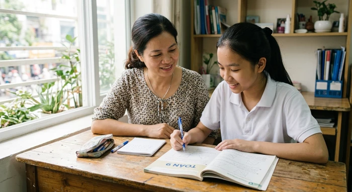 Người mẹ cùng con trai thảo luận phương pháp học tập mới trong không gian phòng học tràn ngập ánh sáng