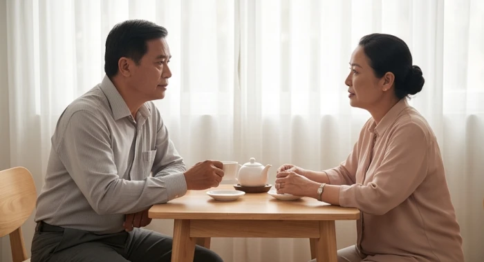 Hai người cùng ngồi uống trà và bình tĩnh trò chuyện tháo gỡ khúc mắc trong không gian phòng khách yên tĩnh