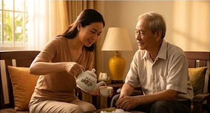 Con gái đang nhẹ nhàng rót trà và kiên nhẫn trò chuyện cùng người cha cao tuổi bên bàn nước