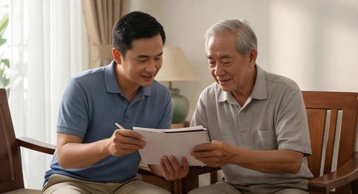 Con cháu lễ phép hỏi xin ý kiến và kinh nghiệm sống từ người lớn tuổi sinh năm 1953 trong gia đình