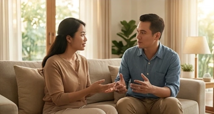 Cặp đôi trò chuyện cởi mở và lắng nghe với thái độ tôn trọng tại không gian phòng khách ấm cúng gia đình