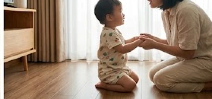 Người mẹ kiên nhẫn ngồi ngang tầm mắt trò chuyện ân cần với bé Quý Mão giúp xoa dịu căng thẳng tâm lý