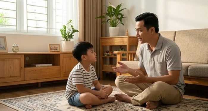Cha và con trai đang ngồi cùng trò chuyện vui vẻ trên thảm trải sàn trong không gian phòng khách ấm áp và bình yên
