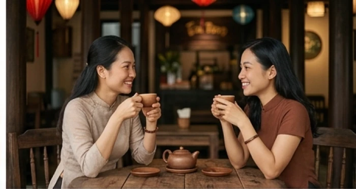 Hai người phụ nữ ngồi uống trà thảo mộc trò chuyện vui vẻ trong một không gian ấm cúng
