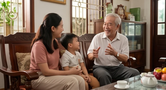 Gia đình ba thế hệ quây quần vui vẻ trò chuyện cùng người lớn tuổi trong phòng khách