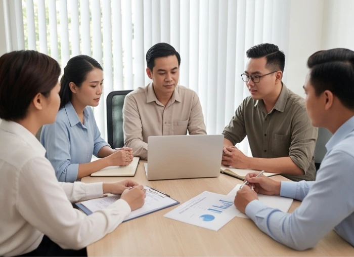Nhóm nhân viên trao đổi công việc trong bầu không khí hợp tác bình tĩnh tại phòng họp văn phòng hiện đại
