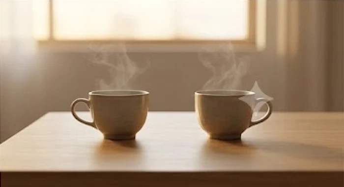 Hai tách trà đạo xếp đối diện nhau trên bàn gỗ thể hiện nghệ thuật giao tiếp dựa vào 14 chính tinh trong tử vi