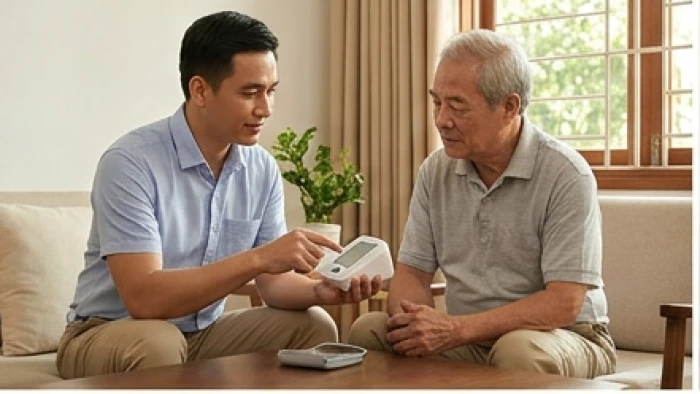 Con trai kiên nhẫn trò chuyện và lắng nghe ý kiến của bố cao tuổi trong không gian phòng khách hòa nhã