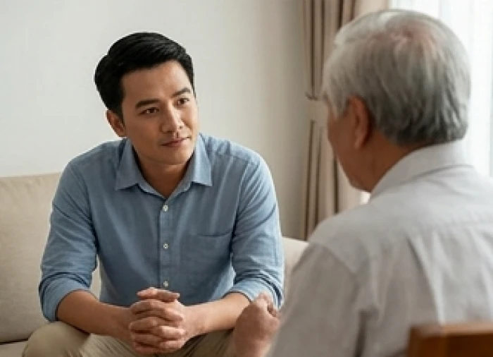 Người con trưởng thành kiên nhẫn lắng nghe lời dặn dò của cha già để giữ gìn hòa khí trong nhà