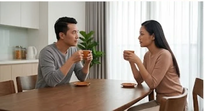 Hai vợ chồng cùng ngồi chia sẻ nhẹ nhàng bên tách trà nóng để hóa giải mâu thuẫn gia đình theo quy tắc 1-3-1