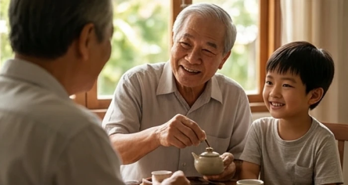 Người ông lớn tuổi rạng rỡ chia sẻ những kỷ niệm xưa cũ và mẹo vặt gia đình cùng đứa cháu chắt trò chuyện