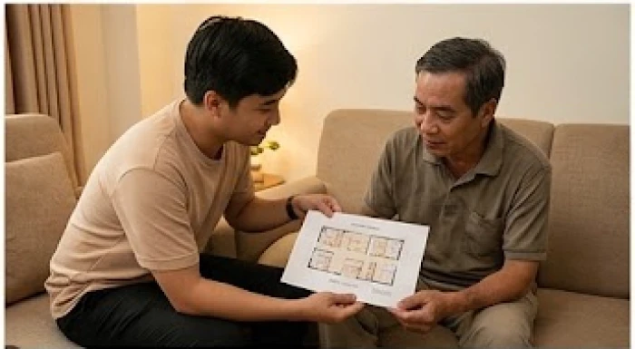 Người con trai đang kiên nhẫn lắng nghe và hỏi ý kiến cha về bản thiết kế sửa chữa ngôi nhà chung