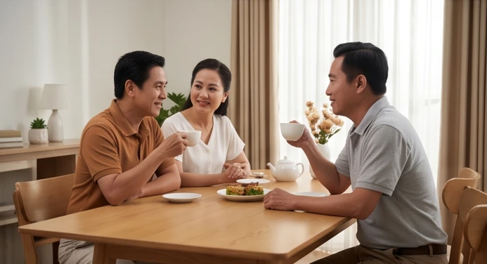 Gia đình trò chuyện cởi mở bên tách trà ấm sau bữa tối để thảo luận các kế hoạch chi tiêu một cách khách quan
