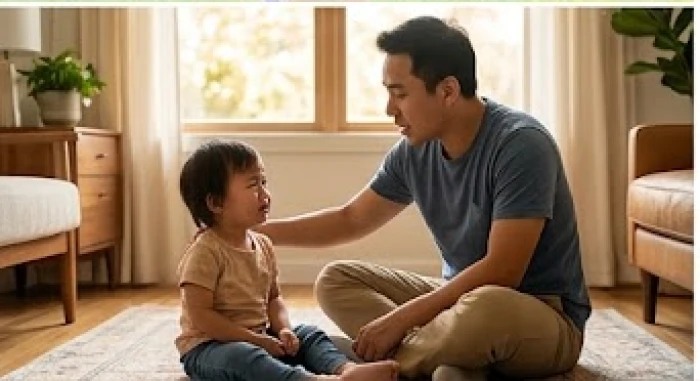 Người cha đang ngồi ngang tầm mắt để trò chuyện và an ủi đứa con nhỏ đang tỏ ra hờn dỗi