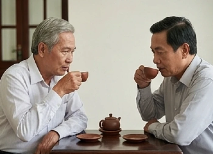 Hai đối tác kinh doanh đang ngồi uống trà thảo luận công việc với thái độ chừng mực và rất tôn trọng