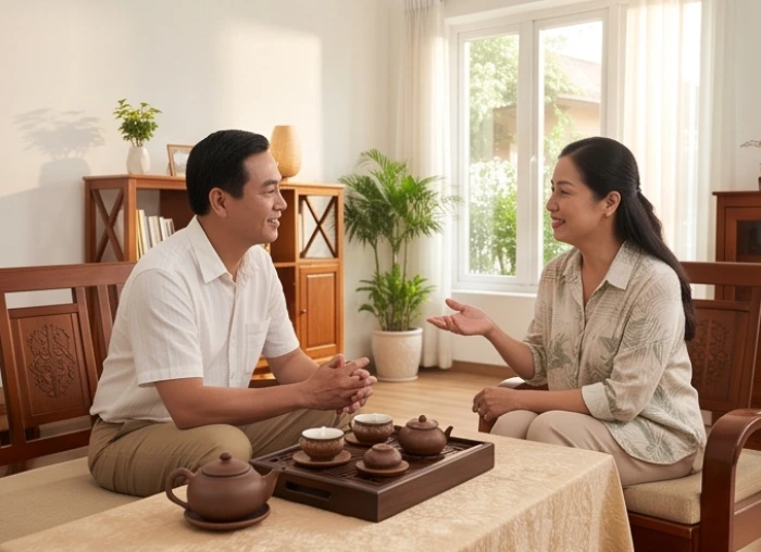 Vợ chồng tuổi Giáp Dần trò chuyện hòa nhã bên bàn trà phòng khách giữ sự bình an gia đạo trong năm Bính Ngọ