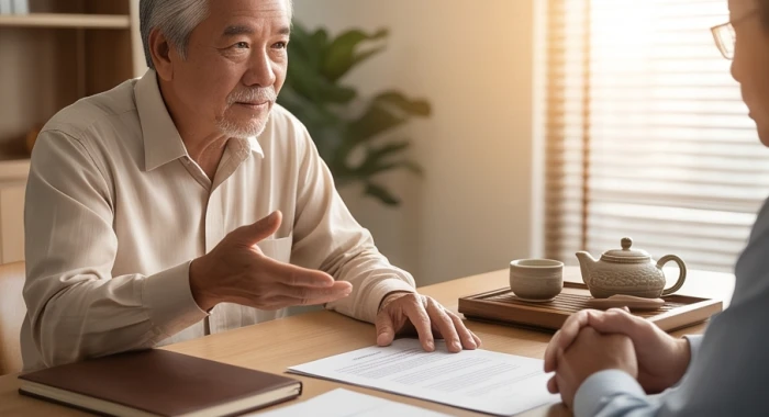 Người lớn tuổi đang mỉm cười tư vấn định hướng cho người trẻ tại một quán trà yên tĩnh