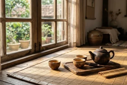 Bức tranh thư pháp bình an và khay trà gỗ mộc mạc gợi ý bình yên cho người sinh năm giáp thân 1944 hợp tuổi nào
