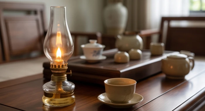 Ngọn đèn dầu truyền thống thắp sáng ấm áp trong phòng trà tĩnh lặng minh họa cho giáp thìn 1964 mệnh gì