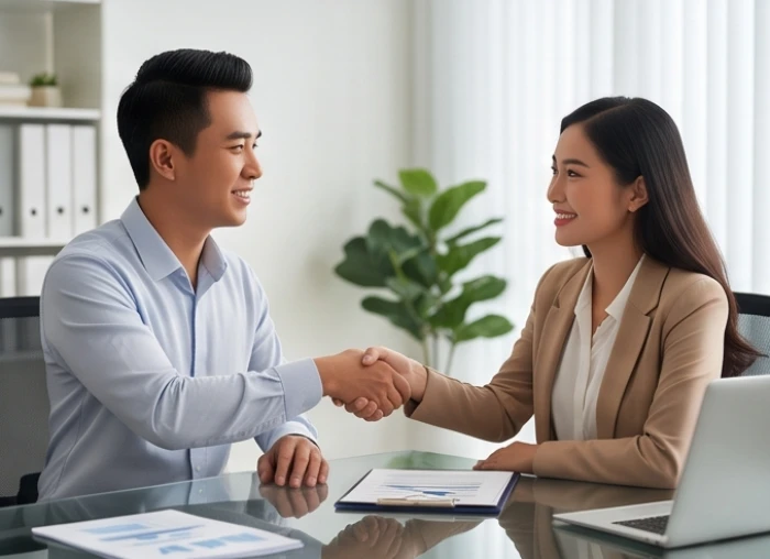 Hai đối tác trẻ tuổi thảo luận thỏa thuận hợp tác đầu tư trong không gian văn phòng tươi sáng