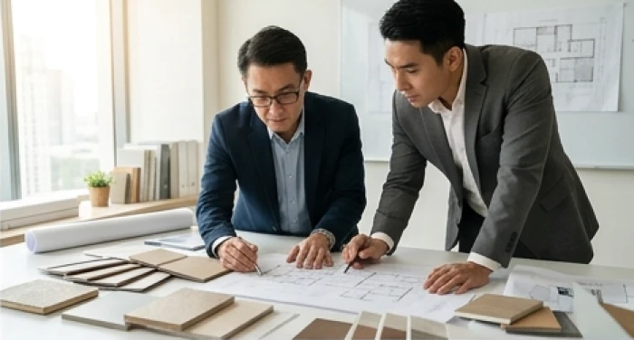 Hai đối tác thảo luận mẫu vật liệu xây dựng cao cấp trong văn phòng thiết kế sang trọng đầy đủ ánh sáng