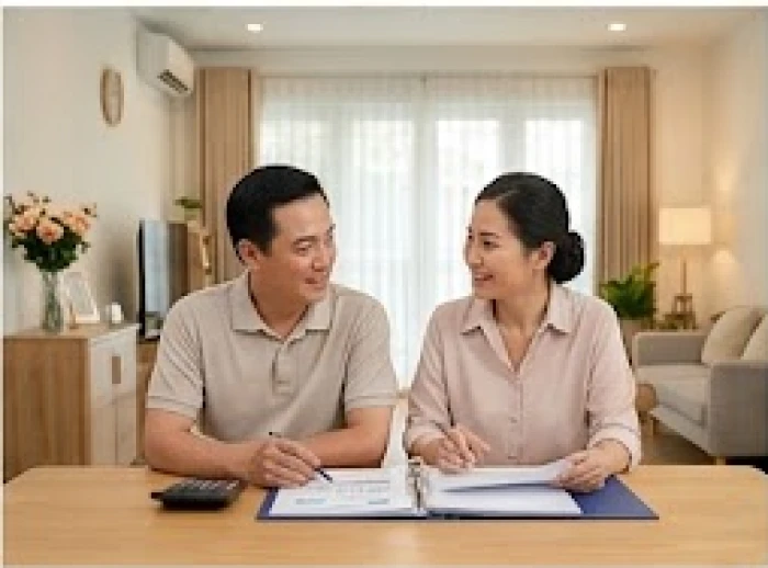Vợ chồng giáp tý ngồi thống nhất lại các khoản chi tiêu gia đình tại bàn ăn để tháo gỡ khúc mắc