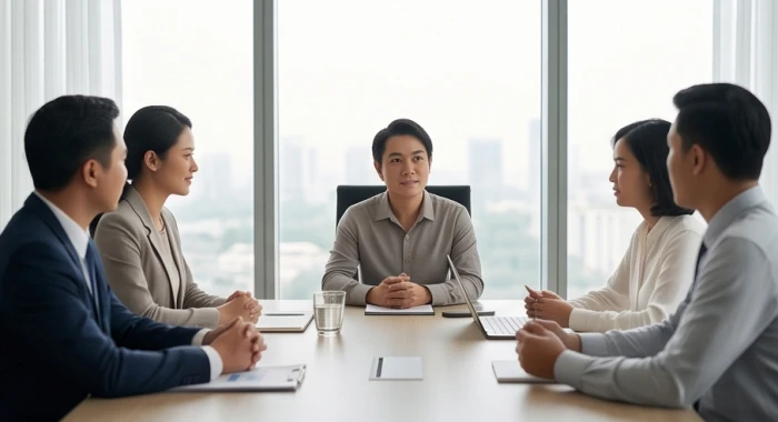 Chuyên gia tuổi Giáp Tý 1984 trầm tĩnh quan sát và phân tích chiến lược dài hạn trong phòng họp doanh nghiệp