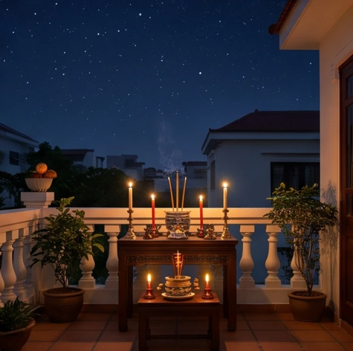 Bàn cúng giải hạn sao la hầu chiếu mệnh đặt tại ban công hướng chính Bắc dưới ánh nến lung linh vào giờ Hợi