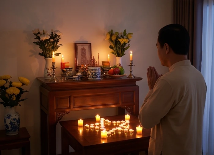 Gia chủ tuổi Hợi thành tâm thắp nến và đọc văn khấn giải hạn sao Thái Bạch vào tối rằm tháng giêng trong không gian yên tĩnh