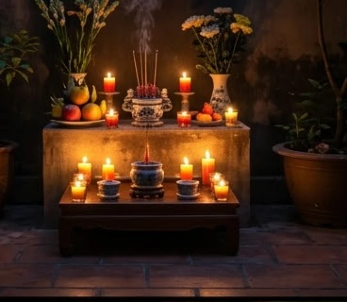 Bàn thờ nhỏ ngoài sân được thắp sáng bằng nến lung linh trong không gian tĩnh lặng của buổi tối để chuẩn bị nghinh tinh