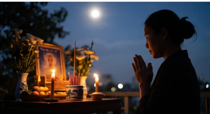 Người đàn ông chắp tay lạy thành kính trước bàn thờ nghênh sao được đặt ở ngoài trời ban đêm