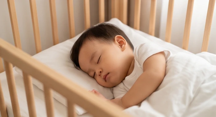 Bé nhỏ tuổi Tân Sửu 2021 nằm ngủ sâu giấc bình yên trên nôi lót nệm êm ái nhờ năng lượng giờ sinh hài hòa ngũ hành