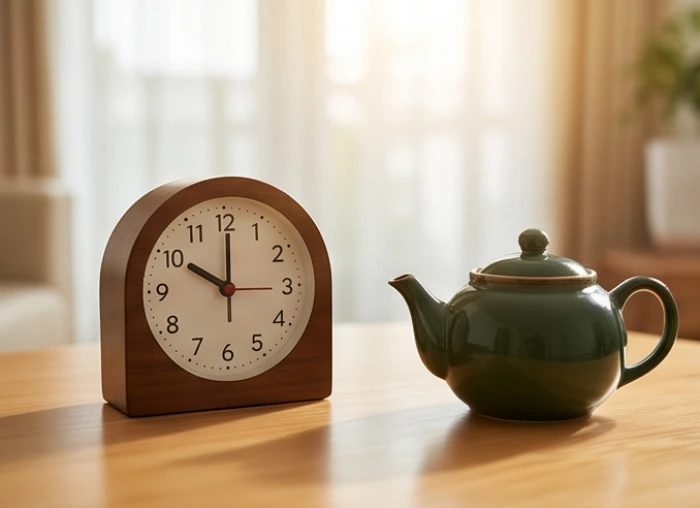 Đồng hồ gỗ chỉ khung giờ tỵ cát tường cùng bộ ấm trà trên bàn phòng khách gia đình